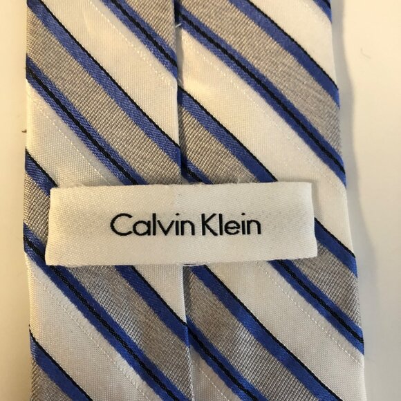 Calvin Klein Silk Tie Blue Gray Striped Mens Necktie Accessory Office Work Gift - Picture 5 of 7